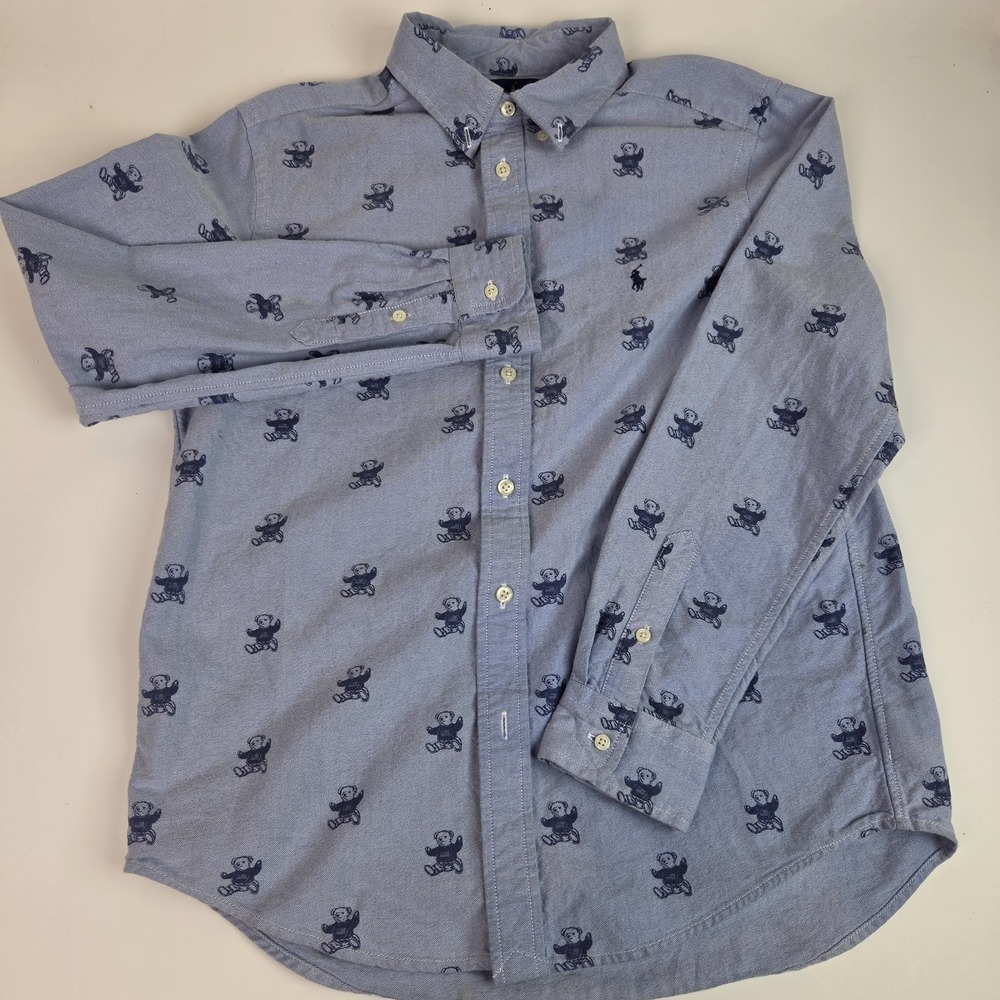 Ralph Lauren Boys Shirt Polo Bear All Over Print ButtonDown Size LG 14/16